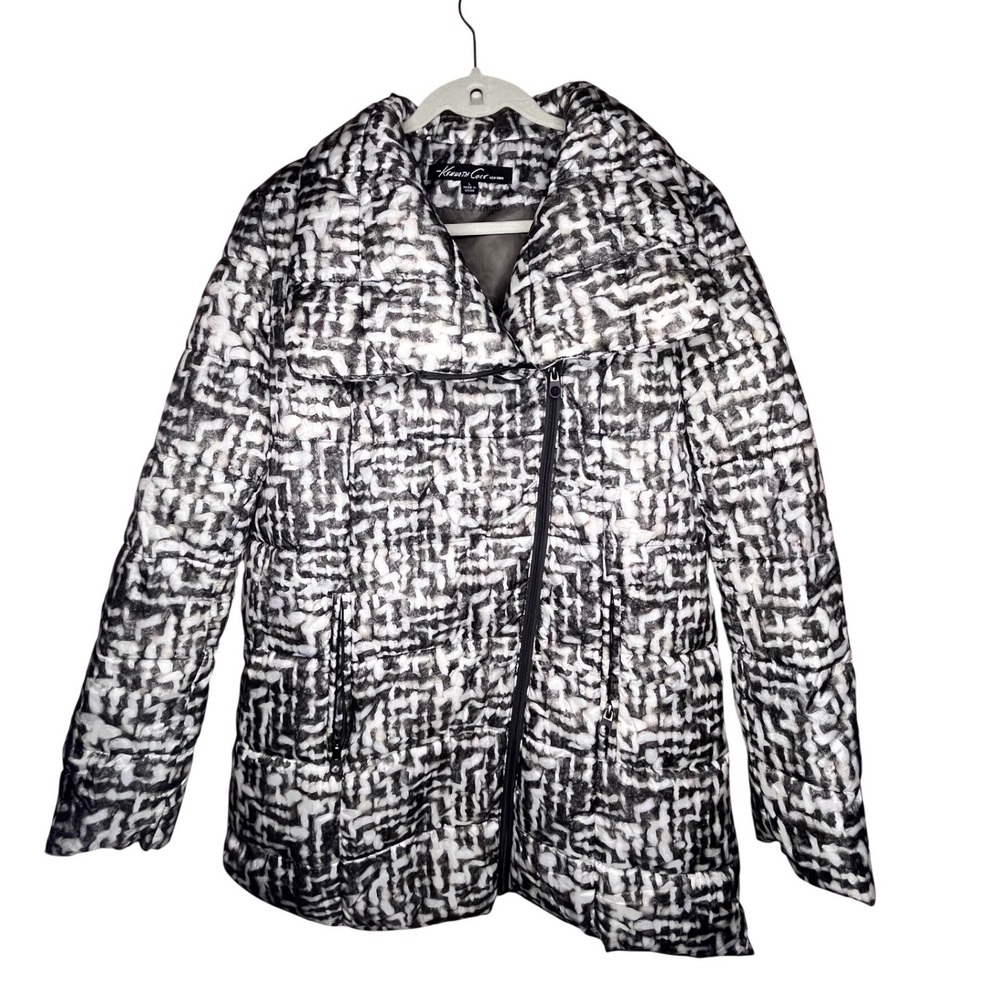 Kenneth Cole New York Women's Coat Black White Abstract Print Puffer Zip Size L
